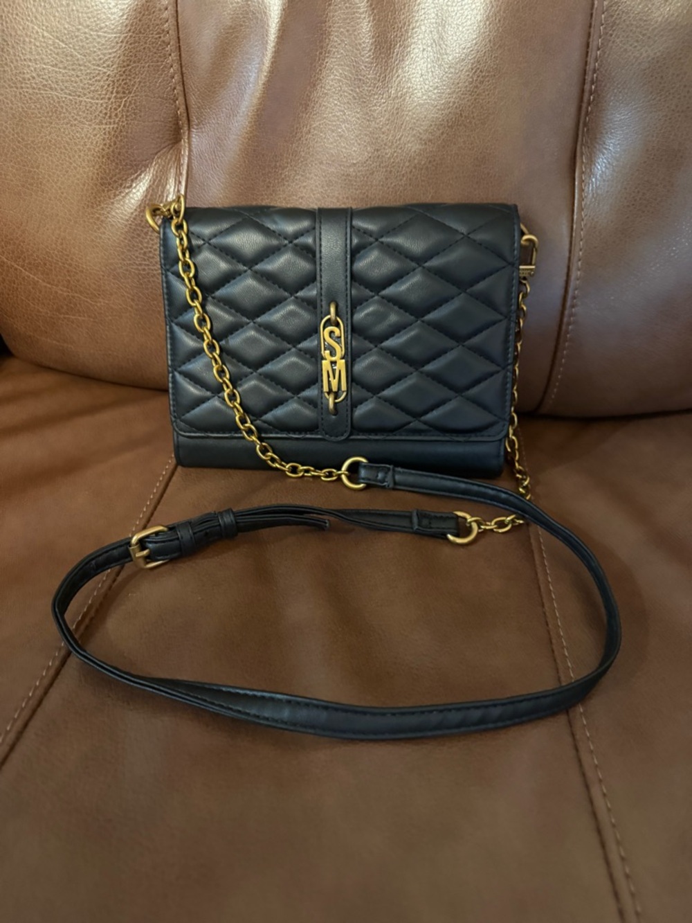 Steve Madden Quilted Black Crossbody Bag with Gold-tone Hardware